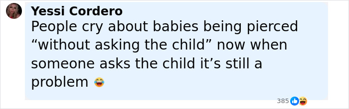 Social media comment criticizing dermal piercing on child’s middle finger, highlighting public backlash and concerns. Social media comment criticizing dermal piercing on child’s middle finger, highlighting public backlash and concerns.