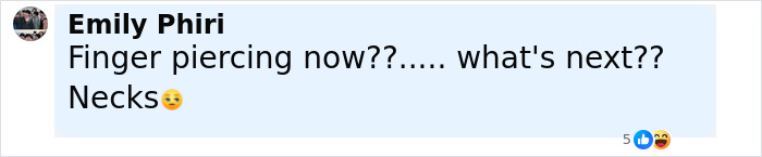 Comment about finger piercing concerns posted by Emily Phiri, reacting to North West’s dermal piercing on middle finger. Comment about finger piercing concerns posted by Emily Phiri, reacting to North West’s dermal piercing on middle finger.