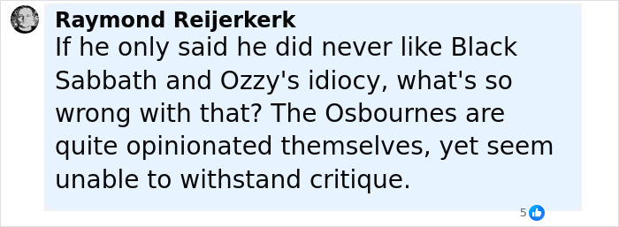 Screenshot of a social media comment discussing idiocy and nonsense related to Roger Waters and Ozzy Osbourne.