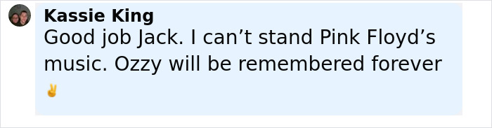 Social media comment responding to Roger Waters criticizing Ozzy Osbourne, with his son firing back in the heated exchange.