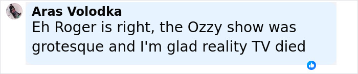 Screenshot of a Facebook comment agreeing with Roger Waters criticizing the late Ozzy Osbourne and reality TV culture.