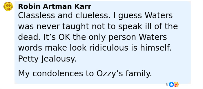Screenshot of a social media comment criticizing Roger Waters for blasting the late Ozzy Osbourne, with his son firing back.