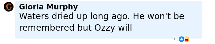 Comment criticizing Roger Waters and defending Ozzy Osbourne, highlighting a feud involving their families online.