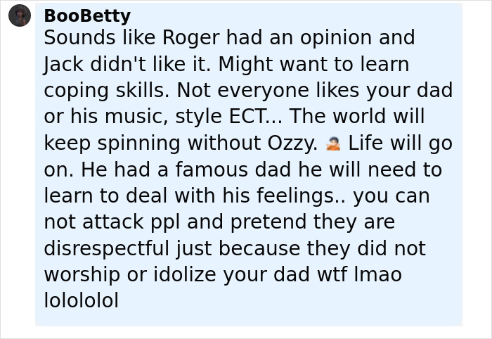 Commenter BooBetty responding to Roger Waters and Ozzy Osbourne’s son amid idiocy and nonsense debate online.