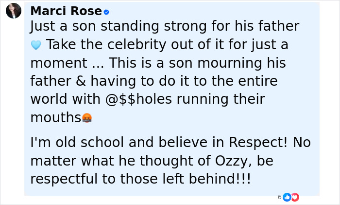 Social media post showing strong support from Ozzy Osbourne's son amid Roger Waters idiocy and nonsense controversy.