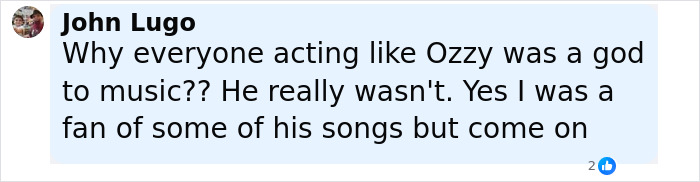 Comment criticizing Ozzy Osbourne, discussing opinions on his music and legacy in a social media post.