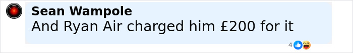 Comment by Sean Wampole mentioning Ryan Air charging £200 amid flight mayhem caused by passengers flushing passports. Comment by Sean Wampole mentioning Ryan Air charging £200 amid flight mayhem caused by passengers flushing passports.