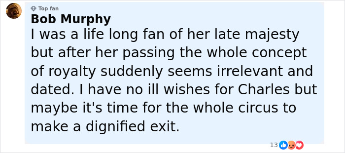 Comment by Bob Murphy expressing views on King Charles, mentioning royalty, cancer, and a dignified exit. Comment by Bob Murphy expressing views on King Charles, mentioning royalty, cancer, and a dignified exit.