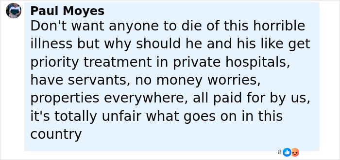 Facebook comment by Paul Moyes expressing frustration over priority treatment and privileges related to King Charles' incurable cancer update. Facebook comment by Paul Moyes expressing frustration over priority treatment and privileges related to King Charles' incurable cancer update.