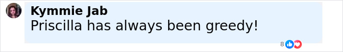 Comment saying Priscilla has always been greedy, discussing lawsuit revealing Lisa Marie Presley’s heartbreaking final moments. Comment saying Priscilla has always been greedy, discussing lawsuit revealing Lisa Marie Presley’s heartbreaking final moments.