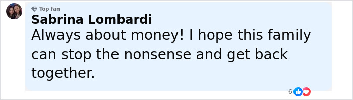 Comment from Sabrina Lombardi expressing hope for family unity amid lawsuit about money involving Lisa Marie Presley. Comment from Sabrina Lombardi expressing hope for family unity amid lawsuit about money involving Lisa Marie Presley.