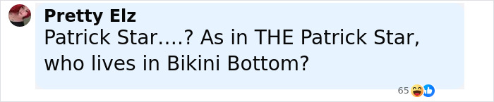 Screenshot of a Facebook comment discussing Patrick Star from Bikini Bottom in a casual online conversation. Screenshot of a Facebook comment discussing Patrick Star from Bikini Bottom in a casual online conversation.
