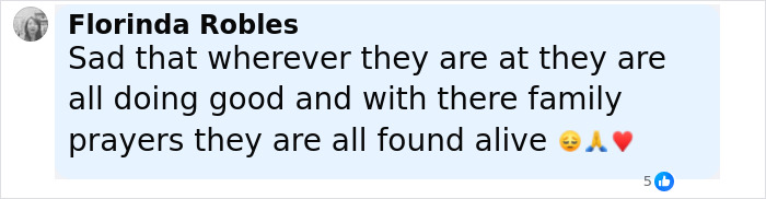 Comment by Florinda Robles expressing hope that detainees missing from ICE records are found alive with family prayers. Comment by Florinda Robles expressing hope that detainees missing from ICE records are found alive with family prayers.