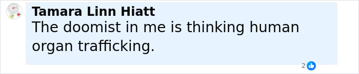 Screenshot of a social media comment mentioning human organ trafficking related to detainees missing from ICE records. Screenshot of a social media comment mentioning human organ trafficking related to detainees missing from ICE records.