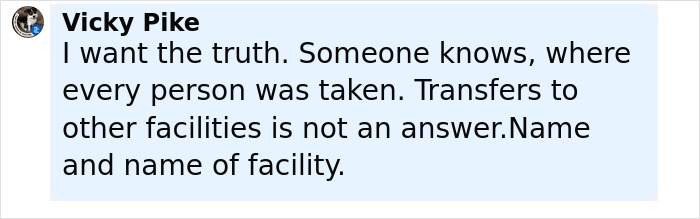 Comment by Vicky Pike seeking truth on detainees missing from ICE records after transfer to unknown facility. Comment by Vicky Pike seeking truth on detainees missing from ICE records after transfer to unknown facility.