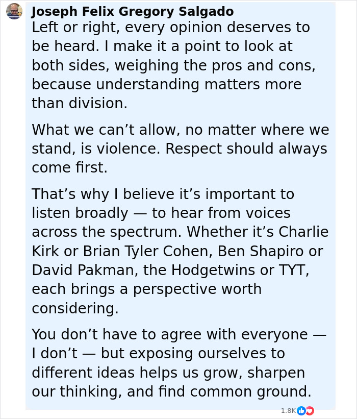 Comment by Joseph Felix Gregory Salgado emphasizing respect and understanding in discussions mentioning Charlie Kirk and viewpoints. Comment by Joseph Felix Gregory Salgado emphasizing respect and understanding in discussions mentioning Charlie Kirk and viewpoints.