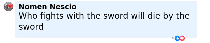 Comment on social media stating who fights with the sword will die by the sword, related to Iryna Zarutska and brutal crime discussion. Comment on social media stating who fights with the sword will die by the sword, related to Iryna Zarutska and brutal crime discussion.