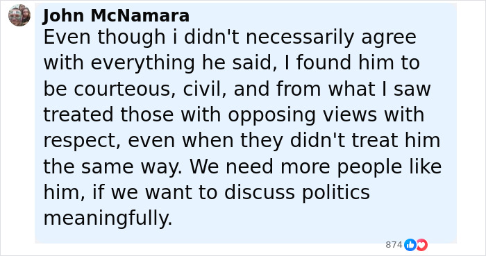 Screenshot of a Facebook comment discussing respectful political dialogue related to Iryna Zarutska and Charlie Kirk's crime post. Screenshot of a Facebook comment discussing respectful political dialogue related to Iryna Zarutska and Charlie Kirk's crime post.