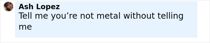Ash Lopez's comment telling a humorous phrase about metal music in a social media post with profile picture. Ash Lopez's comment telling a humorous phrase about metal music in a social media post with profile picture.