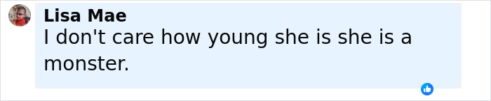 Comment from Lisa Mae saying she doesn't care how young the cheerleader is and calls her a monster related to the arrest. Comment from Lisa Mae saying she doesn't care how young the cheerleader is and calls her a monster related to the arrest.