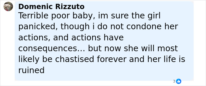 Comment by Domenic Rizzuto expressing sympathy for a cheerleader whose life was affected by hiding a newborn baby. Comment by Domenic Rizzuto expressing sympathy for a cheerleader whose life was affected by hiding a newborn baby.