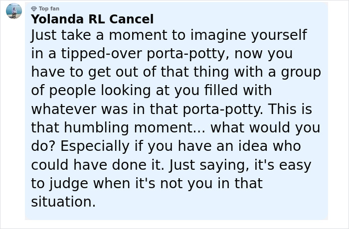 Comment discussing the porta-potty prank and the heated self-defense debate involving a cop firing on teens. Comment discussing the porta-potty prank and the heated self-defense debate involving a cop firing on teens.