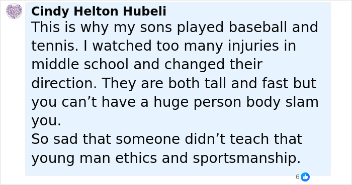Comment from Cindy Helton Hubeli discussing sports injuries in middle school and importance of teaching ethics and sportsmanship. Comment from Cindy Helton Hubeli discussing sports injuries in middle school and importance of teaching ethics and sportsmanship.