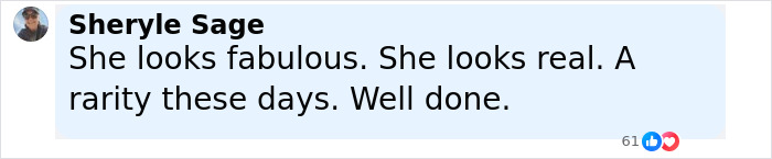 Comment praising Alicia Silverstone’s youthful look and authenticity, highlighting rarity and complimenting her appearance. Comment praising Alicia Silverstone’s youthful look and authenticity, highlighting rarity and complimenting her appearance.