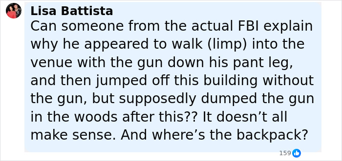 Comment questioning FBI explanation about suspect’s limp walk and gun disposal in new CCTV escape footage. Comment questioning FBI explanation about suspect’s limp walk and gun disposal in new CCTV escape footage.