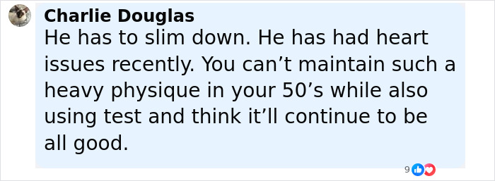 Comment discussing health concerns about Dwayne Johnson’s new slim look and the need to slim down after heart issues. Comment discussing health concerns about Dwayne Johnson’s new slim look and the need to slim down after heart issues.