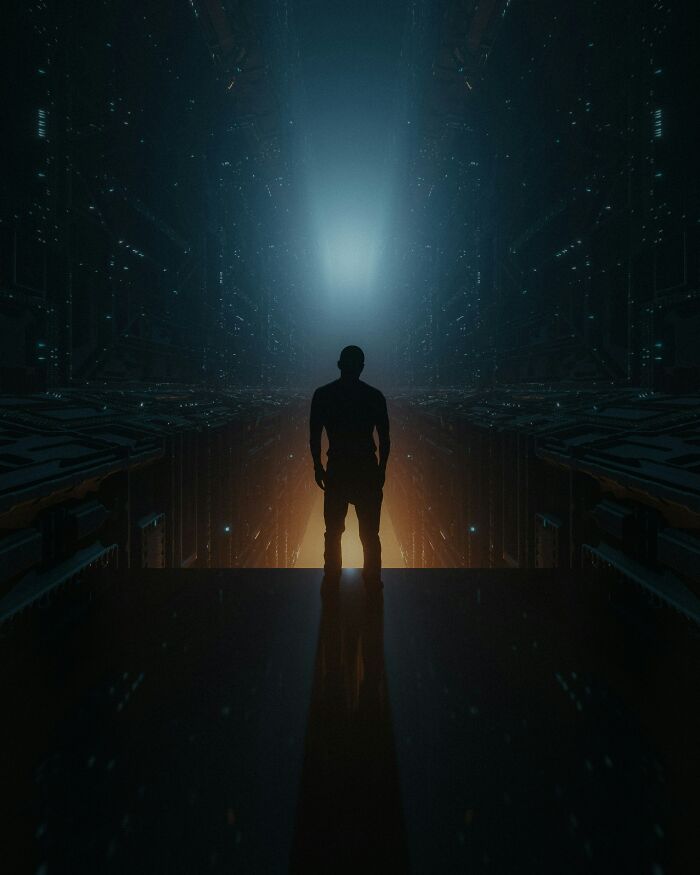 Silhouette of a person standing in a dark futuristic corridor with glowing lights, evoking trust your gut feeling and precognition. Silhouette of a person standing in a dark futuristic corridor with glowing lights, evoking trust your gut feeling and precognition.