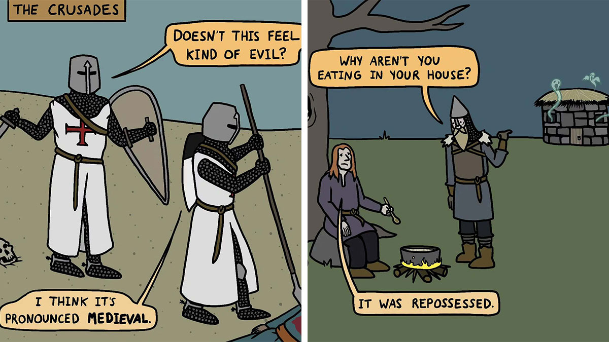 Cartoon Vikings humorously discuss medieval life and the Crusades, blending Middle Ages history with memes and satire.