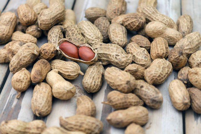 Close-up of peanuts in shells scattered on a wooden surface, highlighting peanut allergy risk in food theft incidents. Close-up of peanuts in shells scattered on a wooden surface, highlighting peanut allergy risk in food theft incidents.