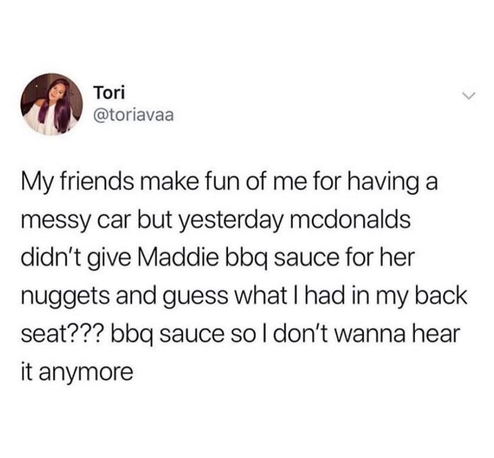 Screenshot of a viral meme sharing a funny story about barbecue sauce and a messy car from a popular random memes page.
