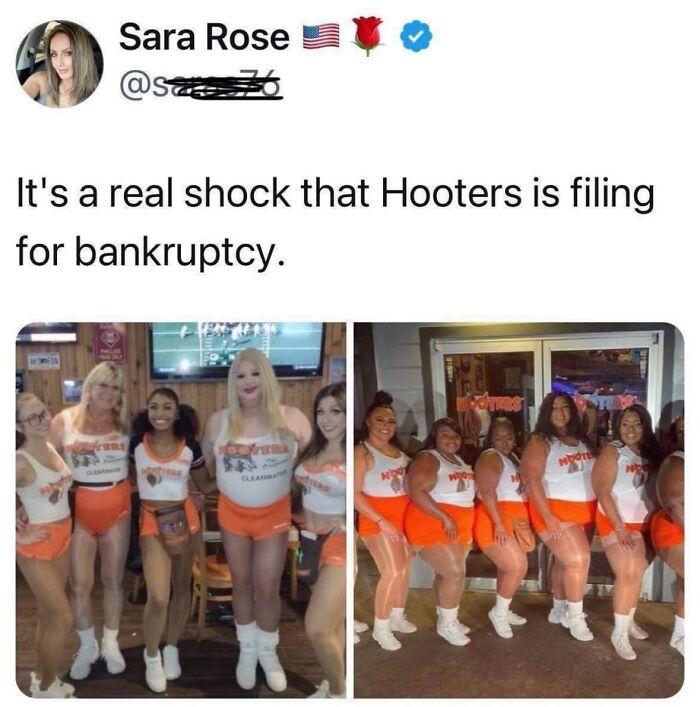 Tweet about Hooters filing for bankruptcy, paired with images of diverse Hooters staff, from viral memes collection.