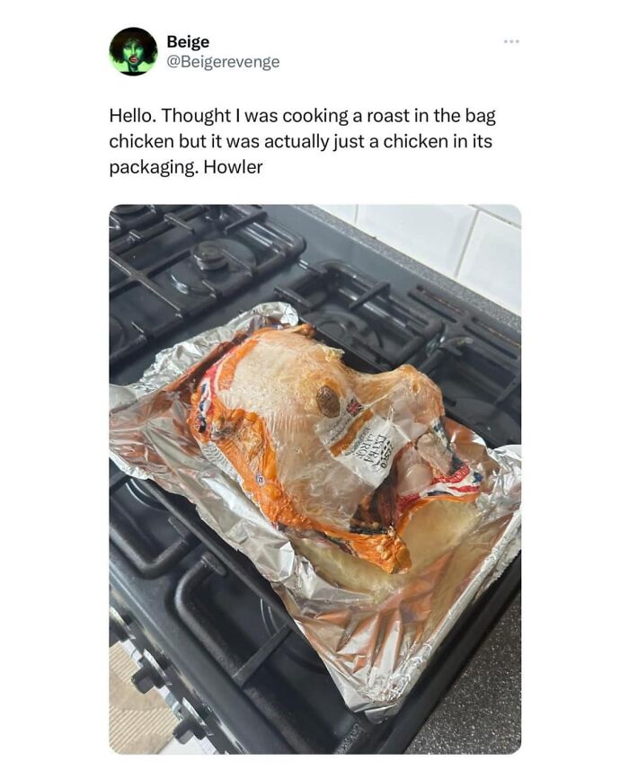 Tweet showing a funny cooking fail meme with a packaged chicken on a foil-lined stove, representing viral memes.