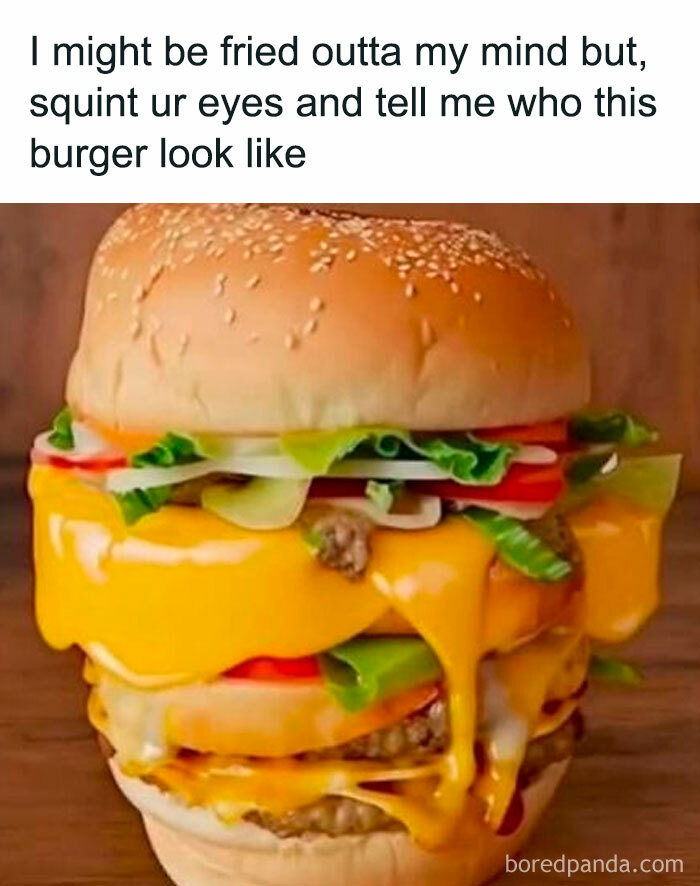 Close-up of a cheesy burger with lettuce and tomato, featured in random and viral memes from a chaos goldmine page.