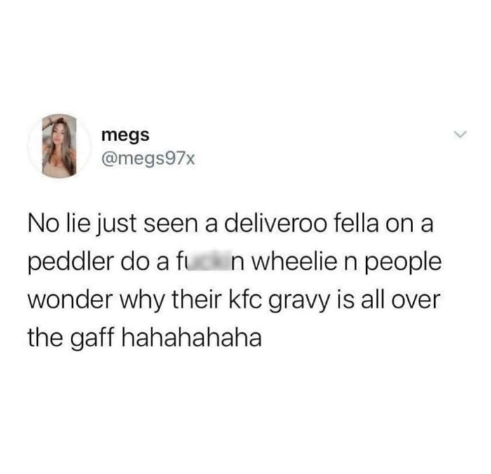 Screenshot of viral meme text about a Deliveroo rider doing a wheelie, part of random and viral memes collection.