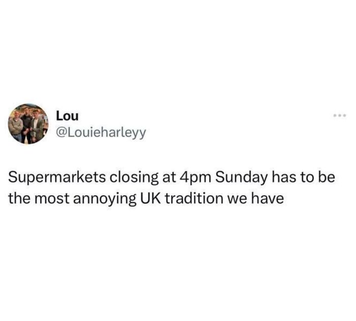 Social media meme about supermarkets closing early on Sundays, a viral meme from a page known for chaos and random humor.