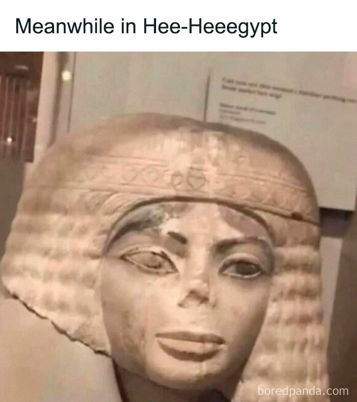 Ancient Egyptian statue with a distorted face, featured in a collection of random and viral memes about chaotic humor.