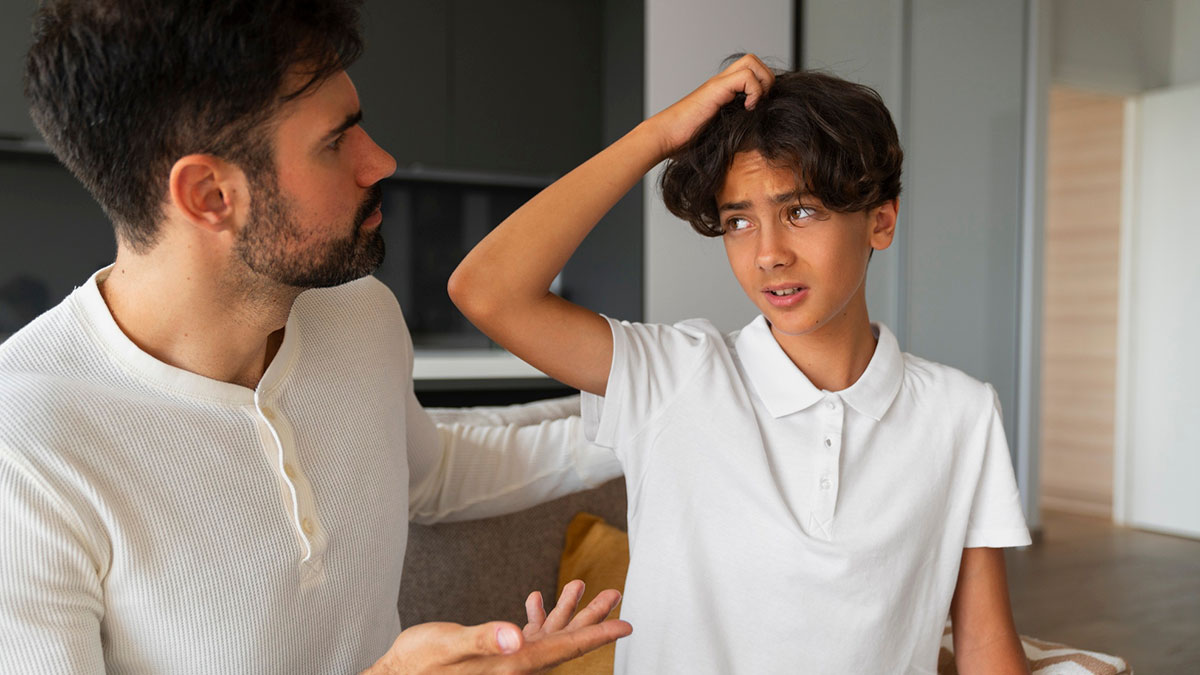 Man discussing and a confused teenage boy reacting while refusing to babysit stepsiblings at home.