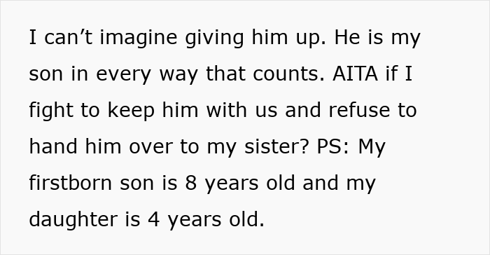 Text with a mom expressing she can't imagine giving up her son, related to mom giving baby up and wanting him back eight years later. Text with a mom expressing she can't imagine giving up her son, related to mom giving baby up and wanting him back eight years later.