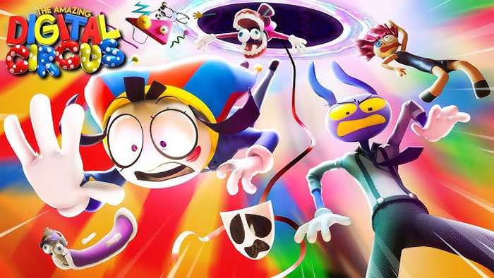 Colorful animated characters from The Amazing Digital Circus showing a dynamic and chaotic scene of action and emotion. Colorful animated characters from The Amazing Digital Circus showing a dynamic and chaotic scene of action and emotion.