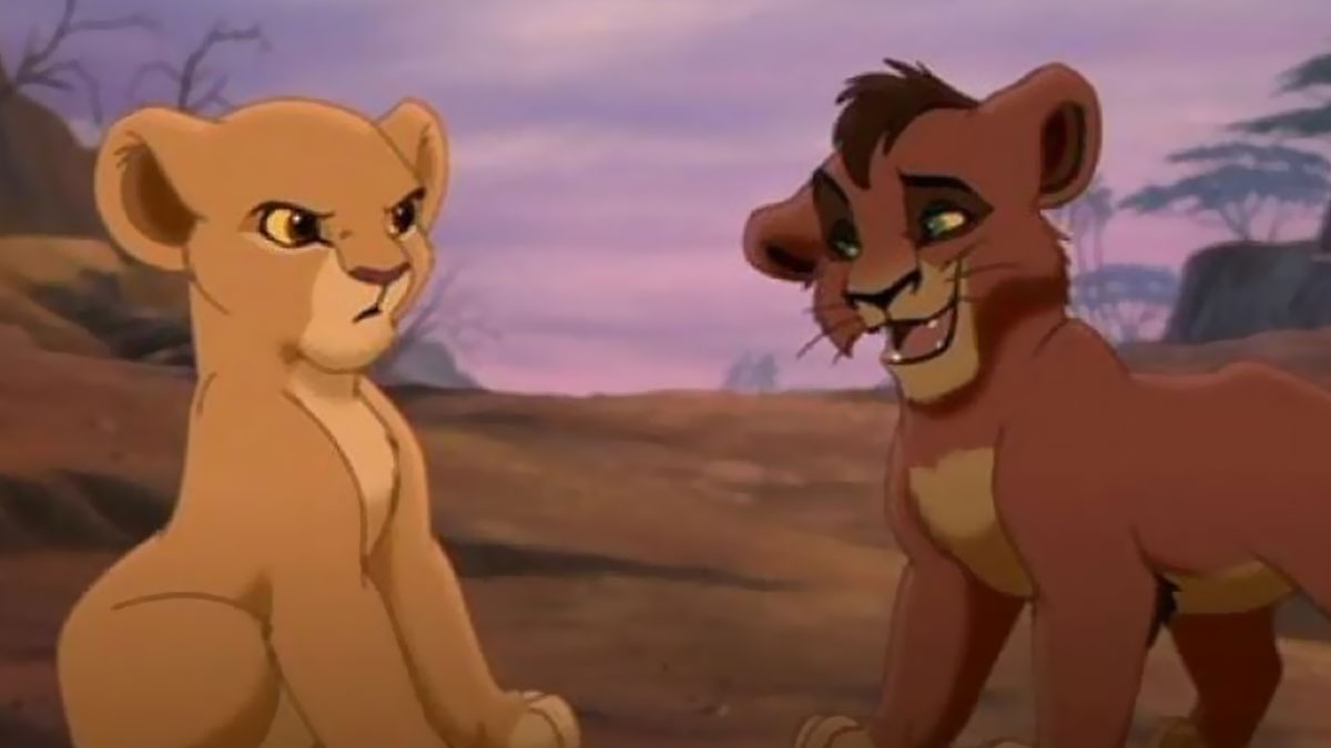 Two animated lion cubs showing contrasting emotions in a couple thing scene with a natural outdoor background.