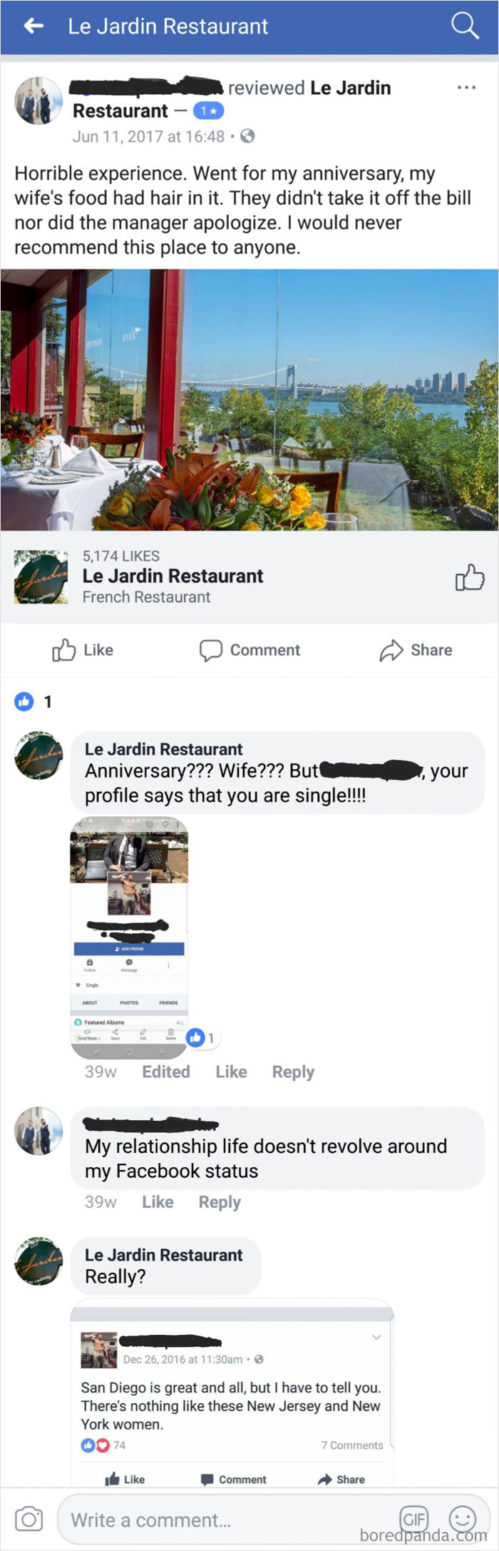 Facebook review exchange showing brutal comebacks from businesses responding to negative customer comments.