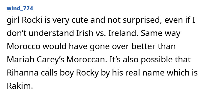 Screenshot of a user comment discussing Rihanna fans urging her to change the cruel name given to her newborn daughter. Screenshot of a user comment discussing Rihanna fans urging her to change the cruel name given to her newborn daughter.