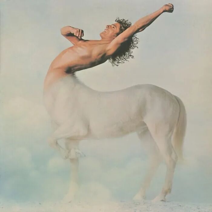 Surreal album cover showing a centaur-like figure with a human upper body and horse lower body in a cloudy background.