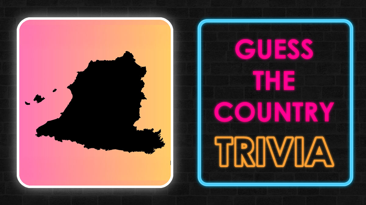 Silhouette of an upside-down country map on gradient background with neon sign saying guess the country trivia for geography fans.