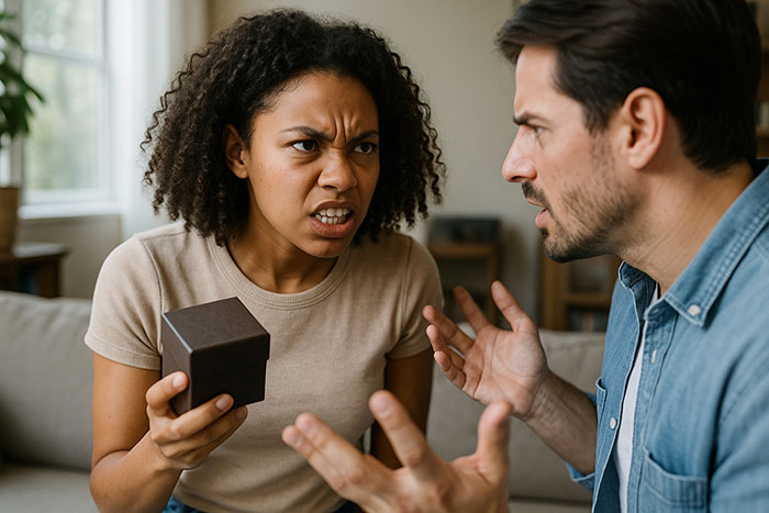 Wife angrily demands man toss ex-GF's memory box while keeping her late ex-BF's, highlighting hypocrisy in the argument.