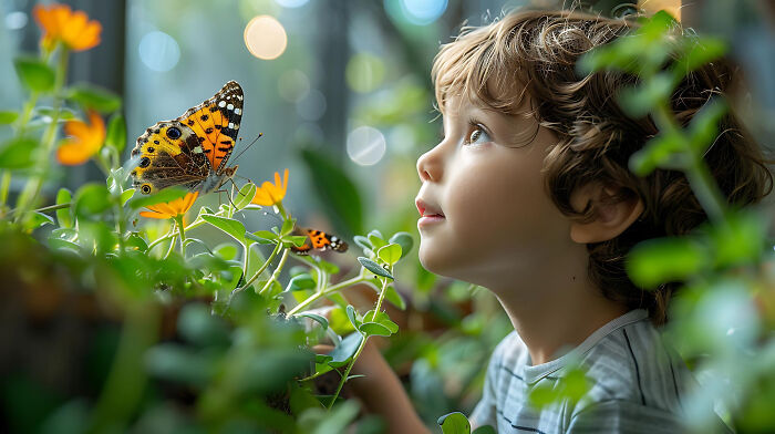Young child observing a colorful butterfly among flowers, capturing a peaceful moment related to babysitters and bedtime stories.